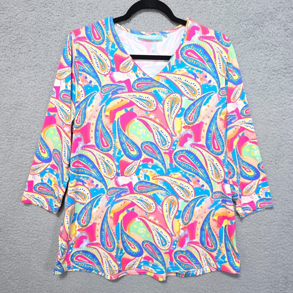 Anthonys‎ Resort Wear Top Women's 3/4 Sleeve Nylon Spandex Colorful Paisley XL
